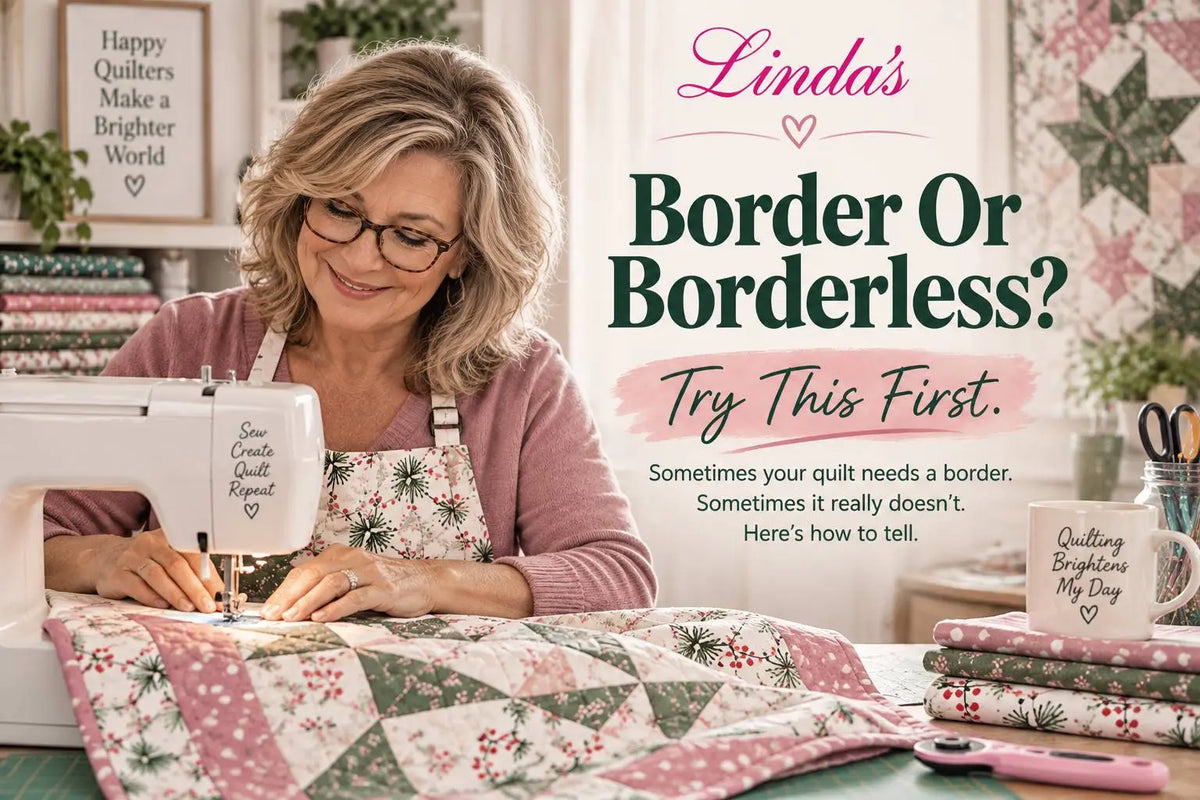 Quilter in glasses and an apron smiling while stitching a pink and green patterned quilt top on a sewing machine, deciding whether to add a border