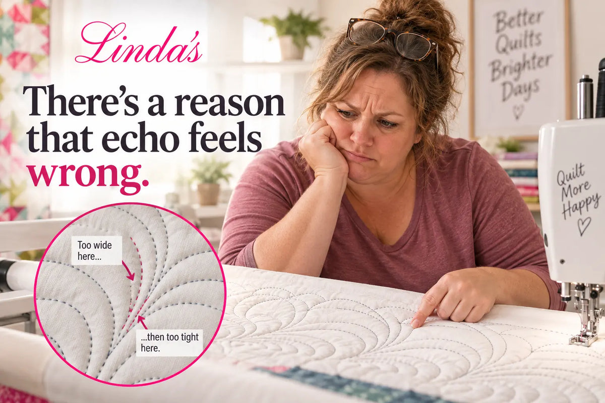 Quilter at her longarm frowning at uneven echo quilting around a feather motif, with a close-up callout showing the echo gap too wide in one spot and too tight in another