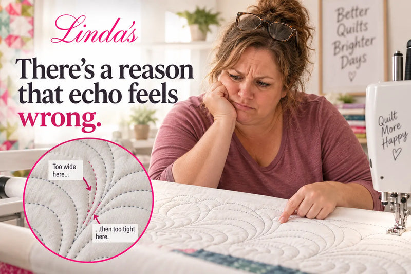 Quilter at her longarm frowning at uneven echo quilting around a feather motif, with a close-up callout showing the echo gap too wide in one spot and too tight in another