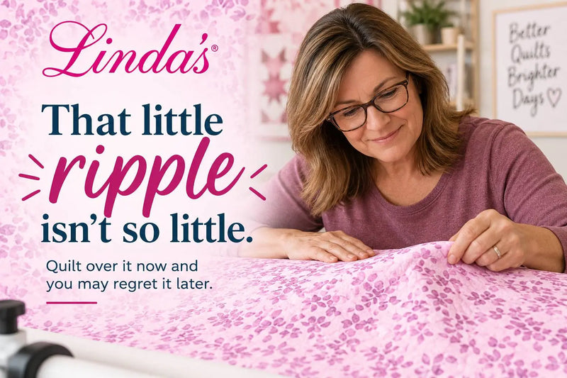Quilter with shoulder-length brown hair and glasses gently smoothing a ripple out of pink and purple floral quilt fabric loaded on a longarm quilting frame