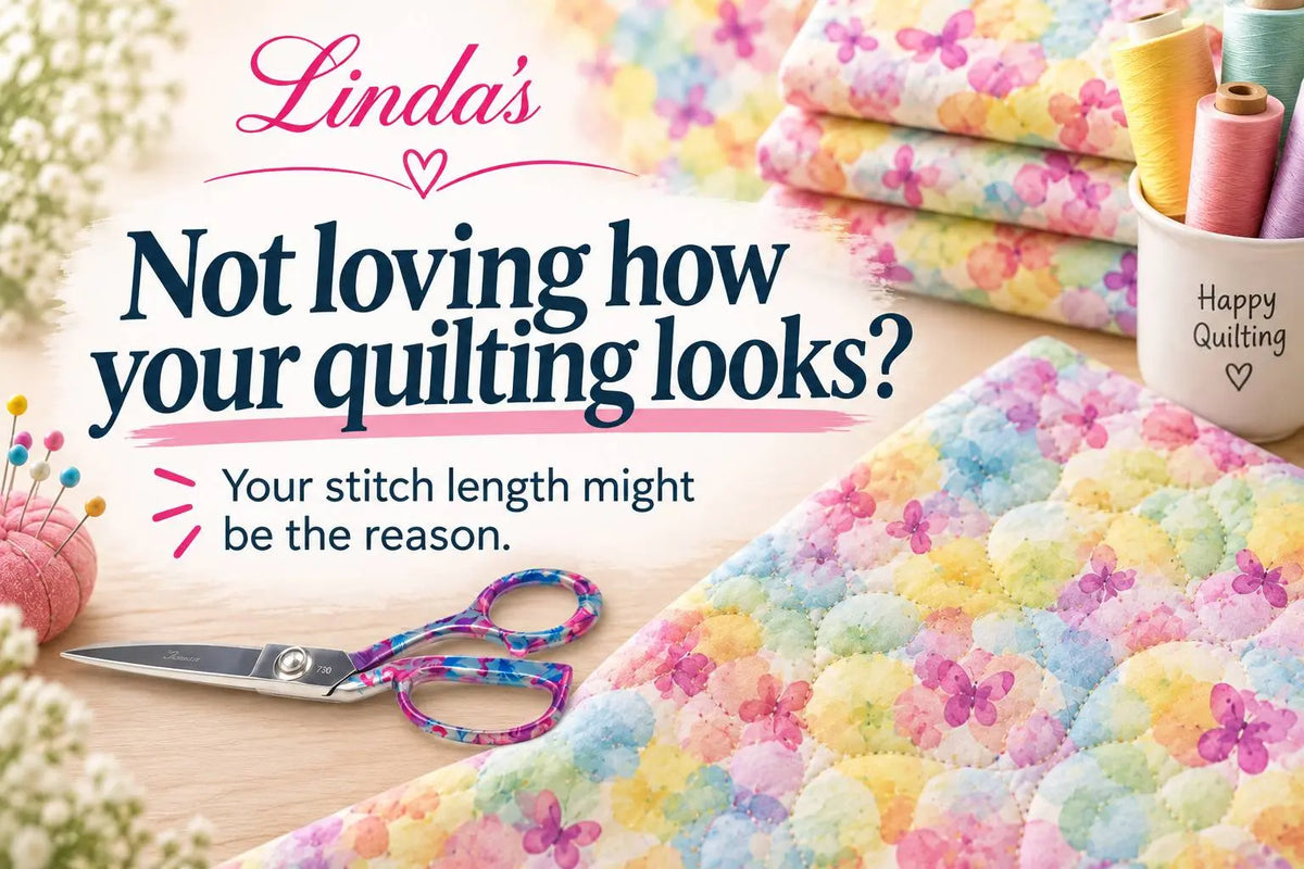 Bright quilting flat lay with a pastel floral quilt, folded fabric, and multicolored-handled scissors — adjusting stitch length for better machine quilting results