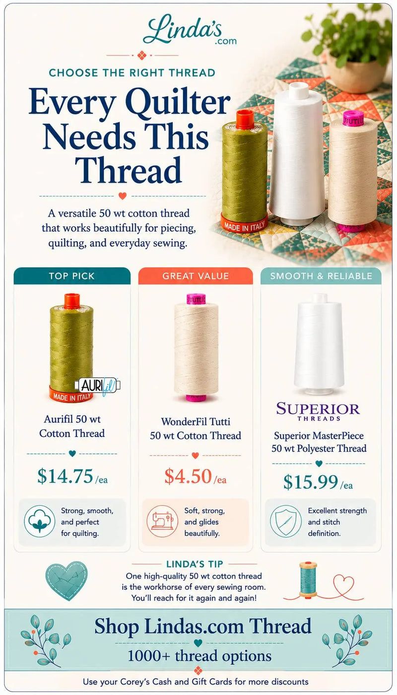 The One Thread Every Quilter Needs – Morning with Corey tip graphic: the single most versatile spool to own