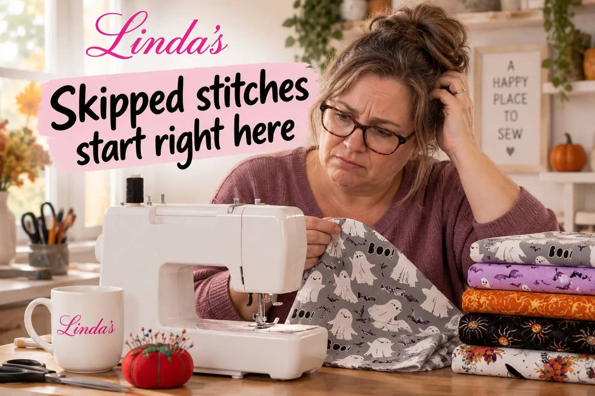 Quilter in glasses and a mauve sweater seated at a white sewing machine, holding gray fabric and inspecting the needle before adjusting tension — Morning with Corey: Skipped Stitches Start Right Here