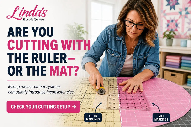Are You Cutting With The Ruler or The Mat? — quilter cutting fabric with a rotary cutter on a gridded pink cutting mat, Morning with Corey at Linda's Quilt Shop
