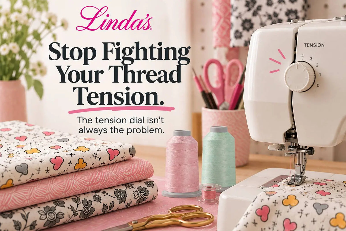 Bright sewing workspace with a white sewing machine, folded patterned quilting fabrics, and pink and mint thread spools ready for troubleshooting thread tension
