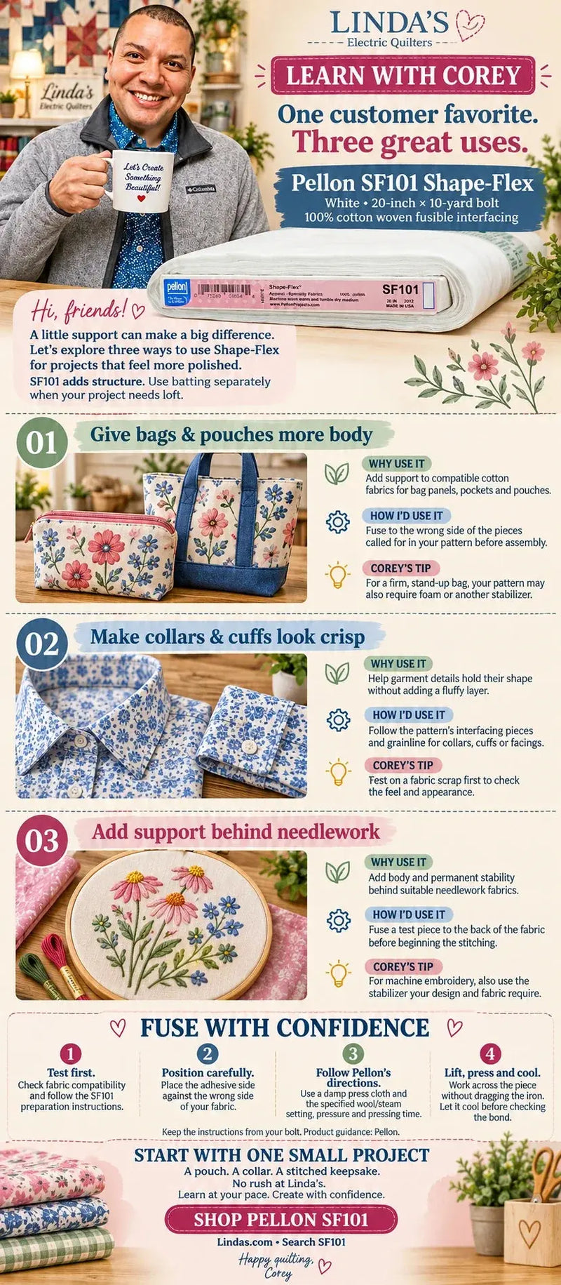 Learn with Corey: Pellon SF101 Shape-Flex white 20-inch by 10-yard bolt of 100% cotton woven fusible interfacing, with three uses for bags, collars and needlework