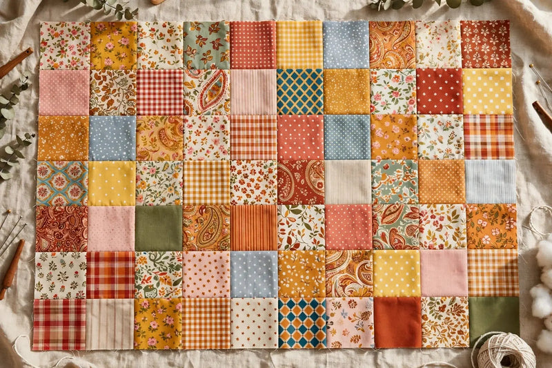 Colorful charm pack fabric squares arranged in a patchwork quilt layout