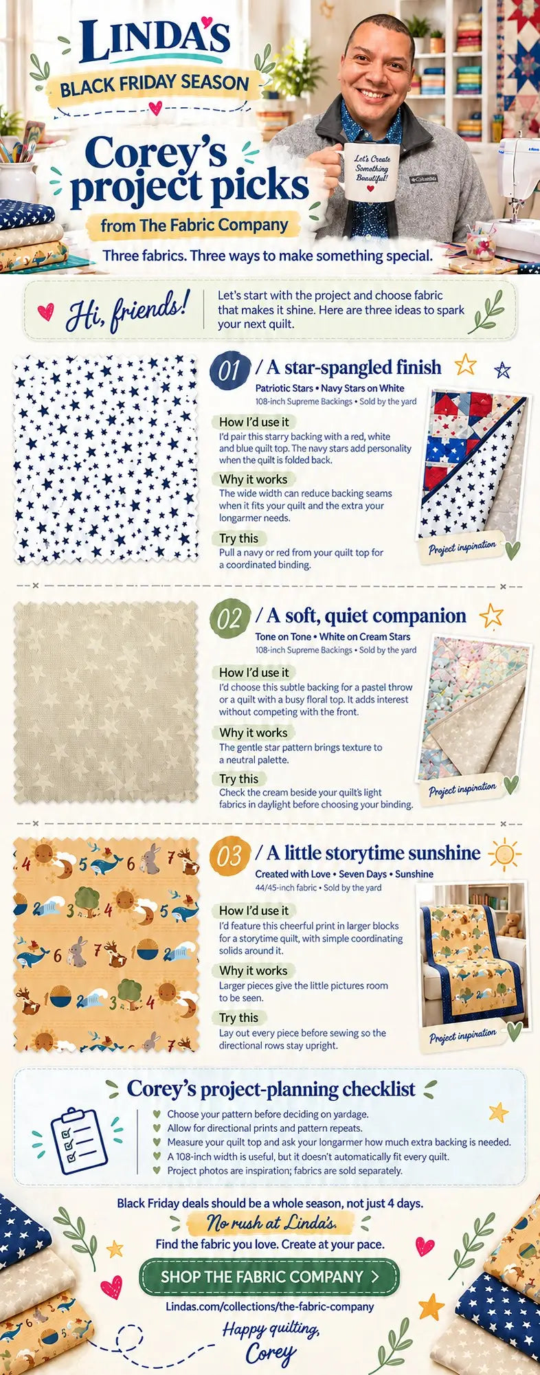 Corey's project picks from The Fabric Company infographic: two 108-inch Supreme Backings and a Created with Love Seven Days print with project inspiration photos