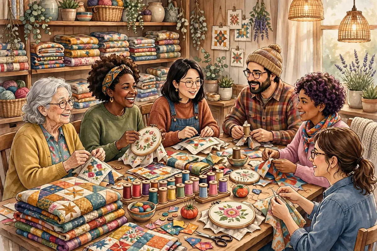 Illustration of quilters, sewists and embroiderers chatting around a table of quilt blocks, fabric and thread