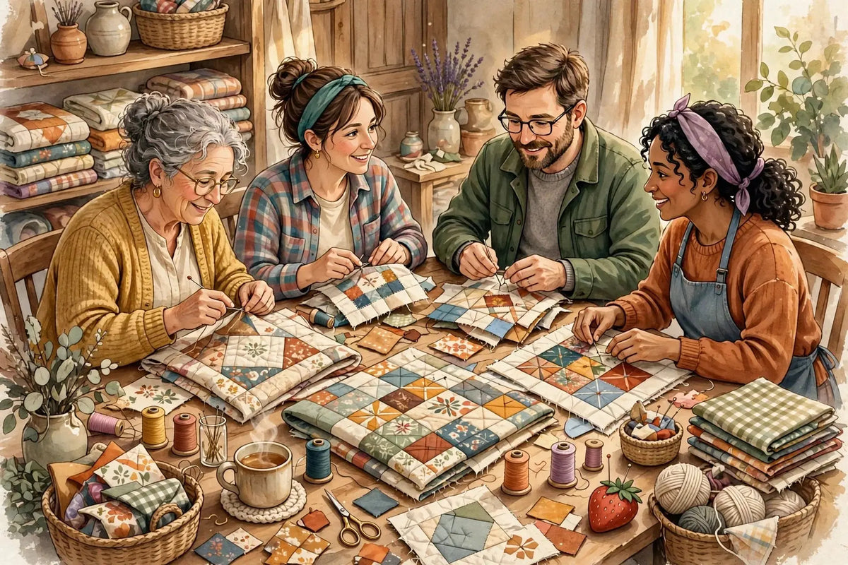 Illustration of quilters, sewists and embroiderers chatting around a table of quilt blocks, fabric and thread