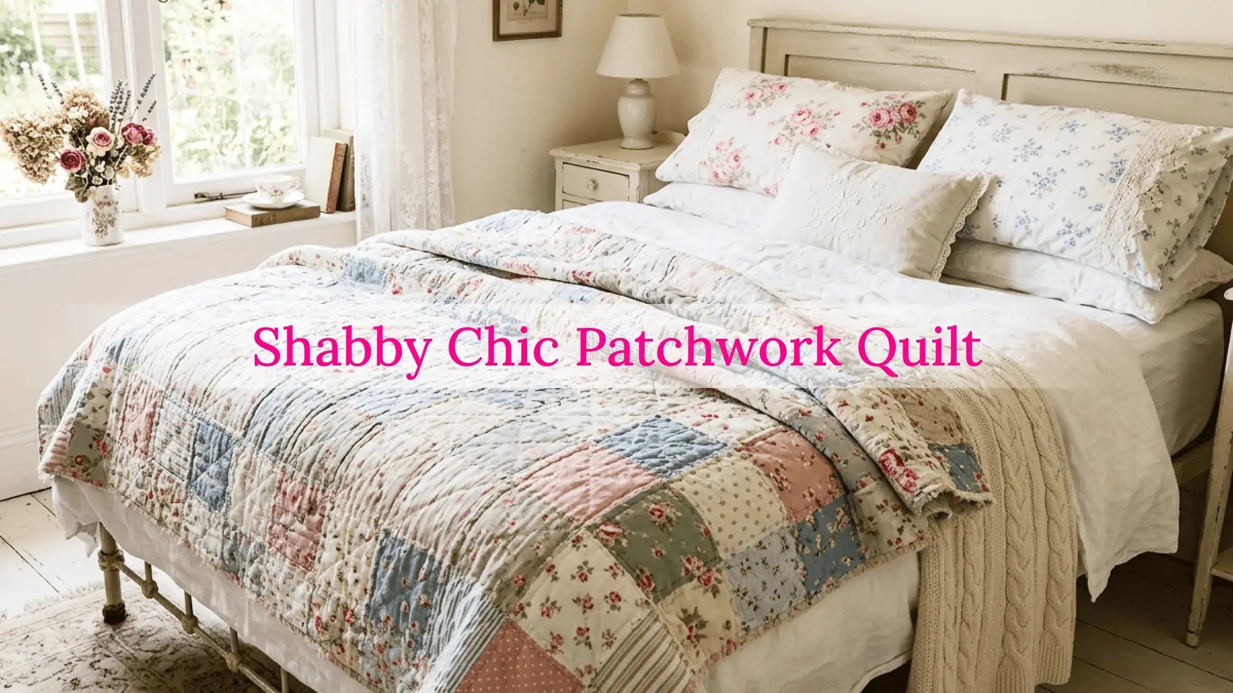Pastel shabby chic patchwork quilt made with vintage floral fabrics
