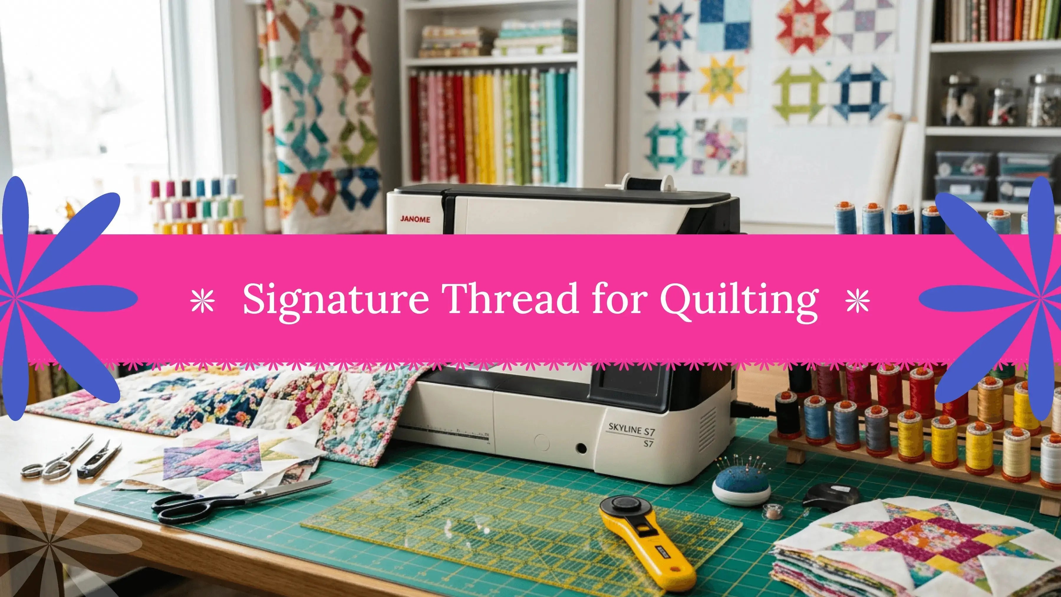 Quilting workspace with sewing machine, thread spools, and colorful fabric in a home setting.