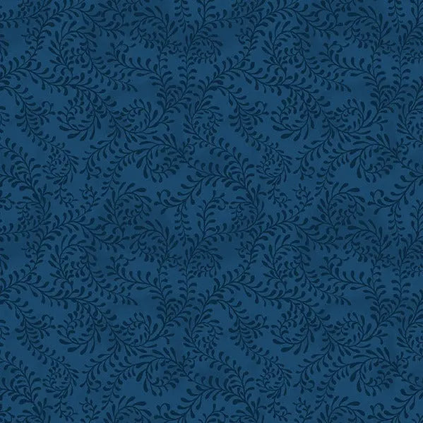 Blue Navy Swirling Leaves Cotton Wideback Fabric per yard
