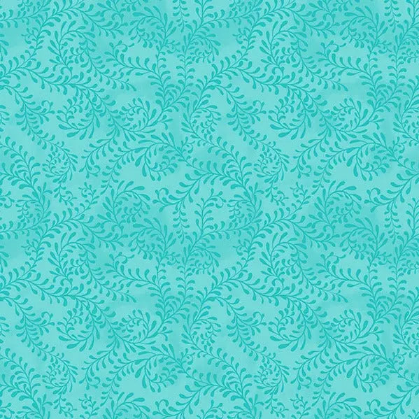 Blue Turquoise Swirling Leaves Cotton Wideback Fabric per yard