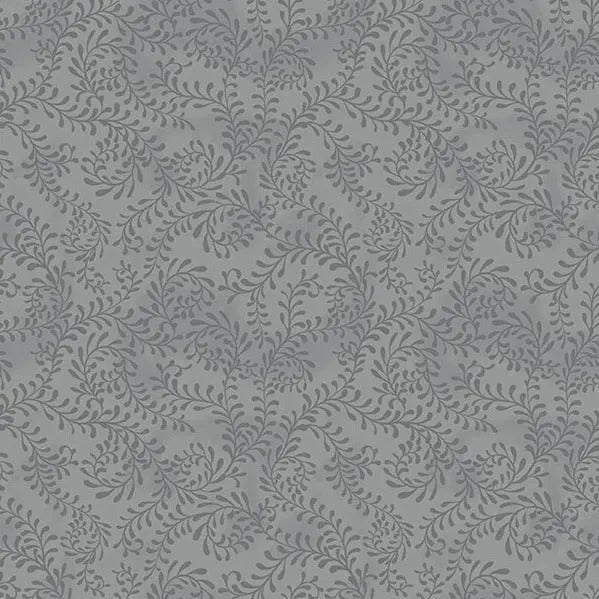 Grey Dark Swirling Leaves Cotton Wideback Fabric per yard
