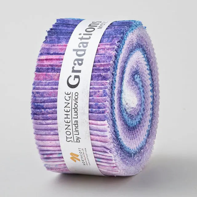 Jelly roll with purple gradations of color and a stone textured appearance. The gorgeous colors and textures from Northcott’s Stonehenge line continue in the Stonehenge Gradations II collection by Linda Ludovico. The mottled colors of these fabrics make them fantastic blenders.