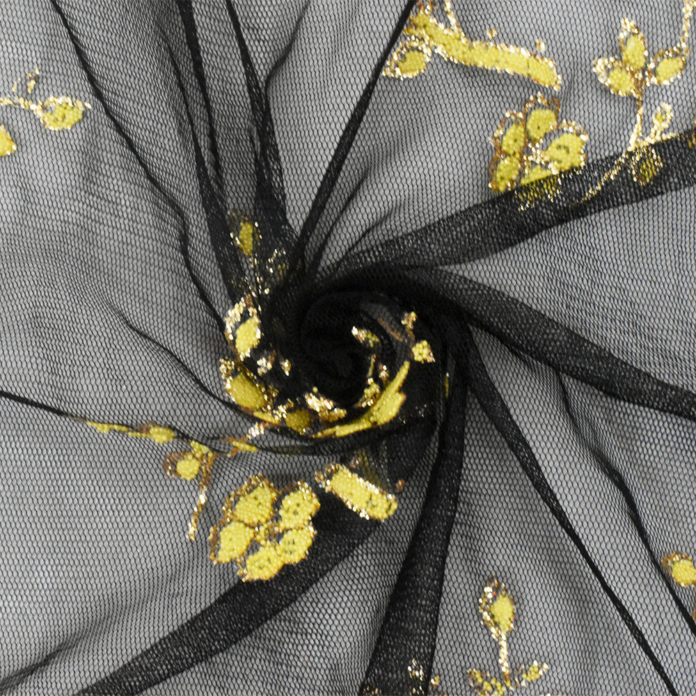 Star Gold-Black-Yellow Flora Sparkles and Bead Poly Mesh Knit Fabric