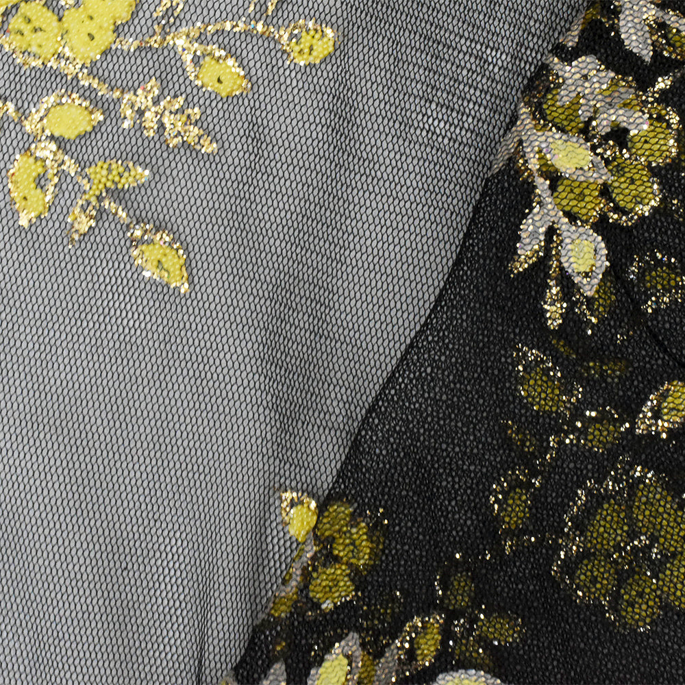 Star Gold-Black-Yellow Flora Sparkles and Bead Poly Mesh Knit Fabric