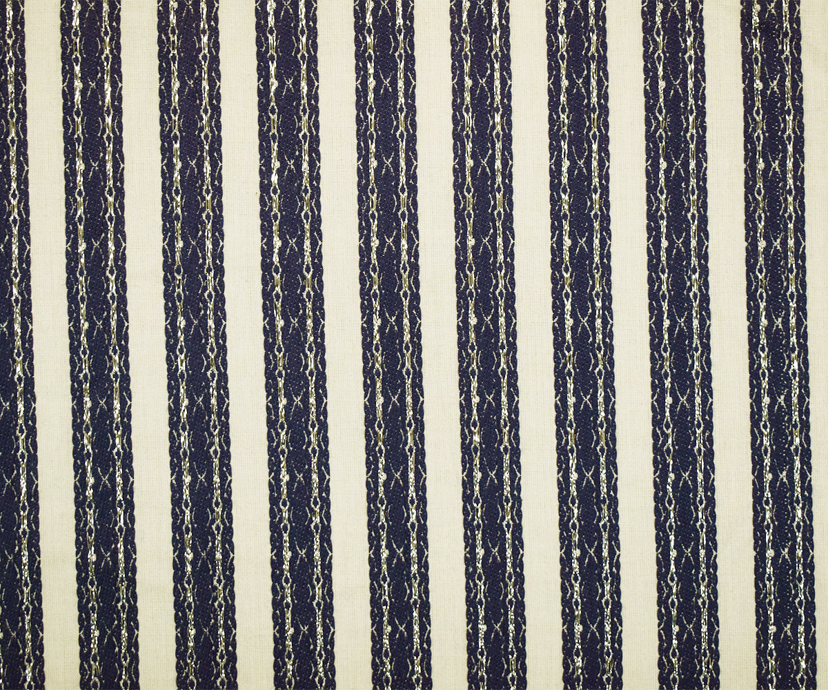Off-White-Navy-Silver Cotton Blend Decorative Stripe Jacquard  Woven Fabric