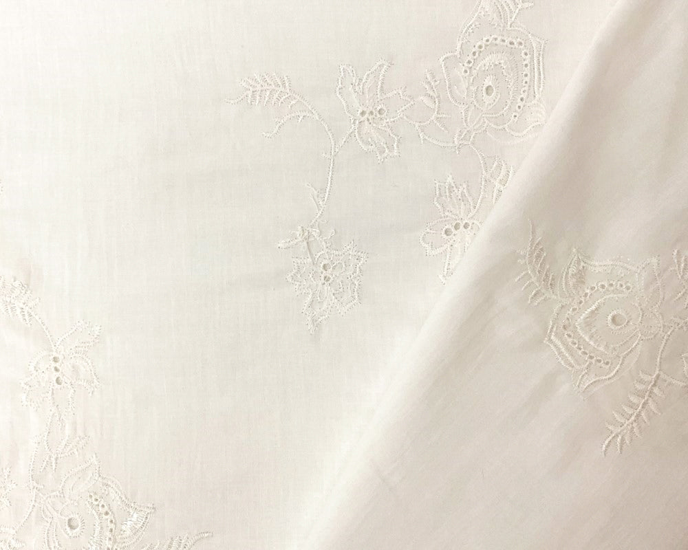 White Cotton Floral Embroidered Eyelet Voile Woven Fabric