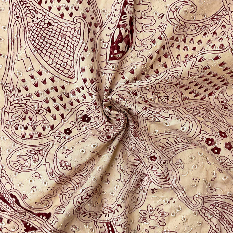 Beige-Red Cotton Paisley Embroidered Eyelet Twill Woven Fabric