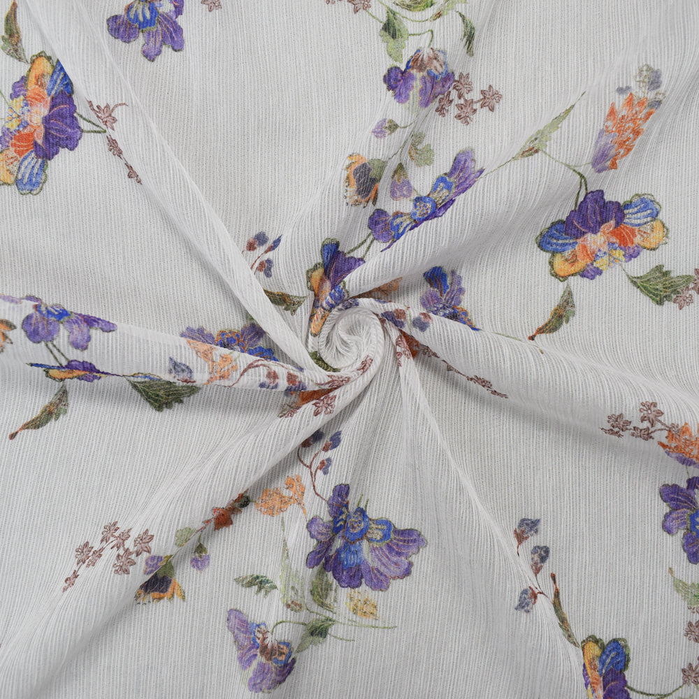 White-Purple-Multi Poly Floral Printed Dobby Chiffon Woven Fabric