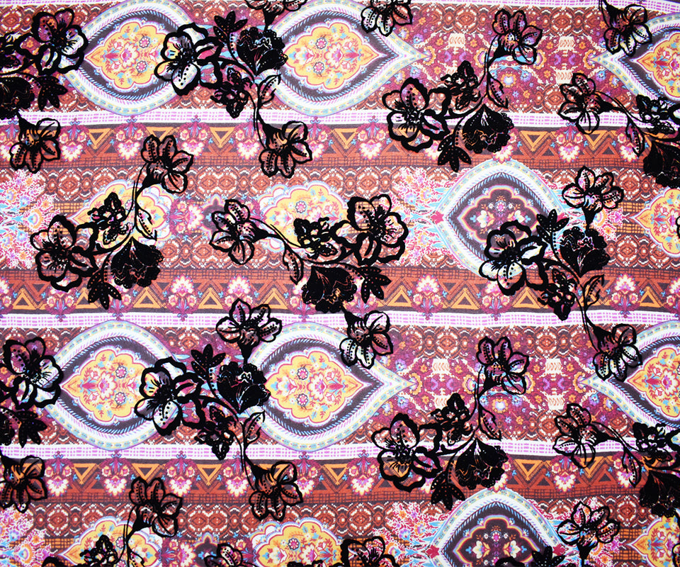Purple-Multi Poly Patch Floral Velvet Flock Chiffon Woven Fabric