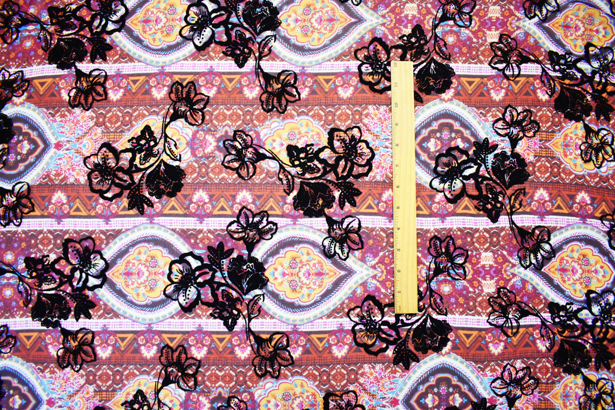 Purple-Multi Poly Patch Floral Velvet Flock Chiffon Woven Fabric