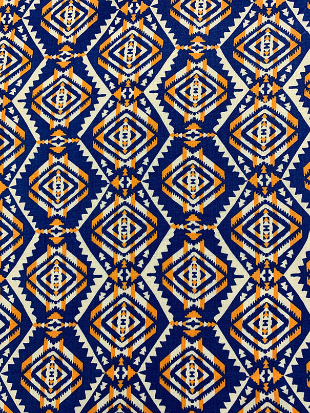 Blue Aztec Stripe Print Rayon Challis Fabric