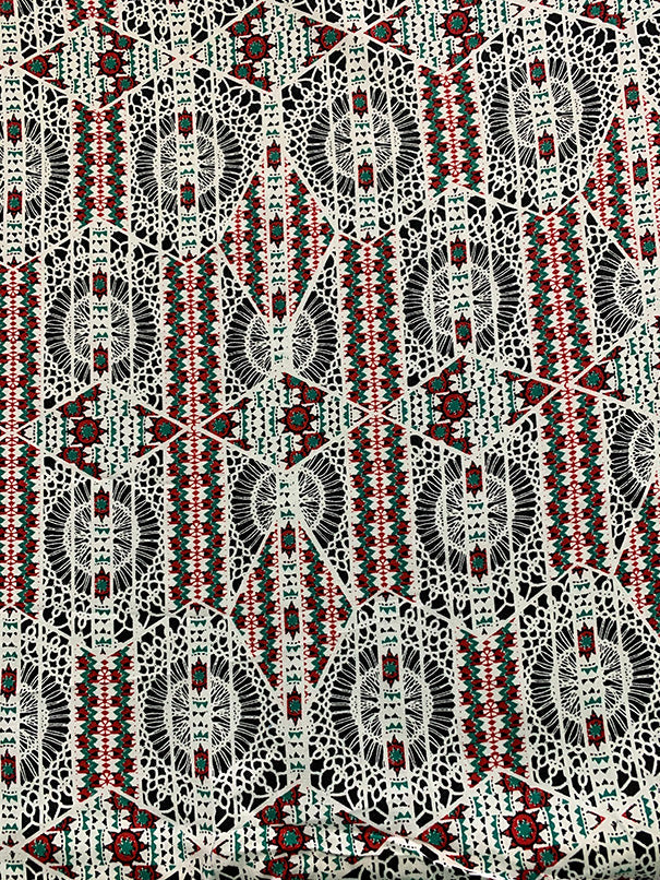 Red and Green Lace Look Print Rayon Challis Fabric