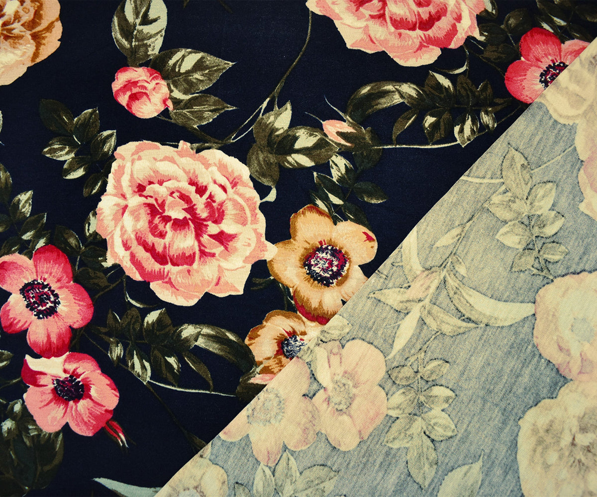 Blue-Multi Rayon Stretch Spandex Floral Print Jersey Knit Fabric