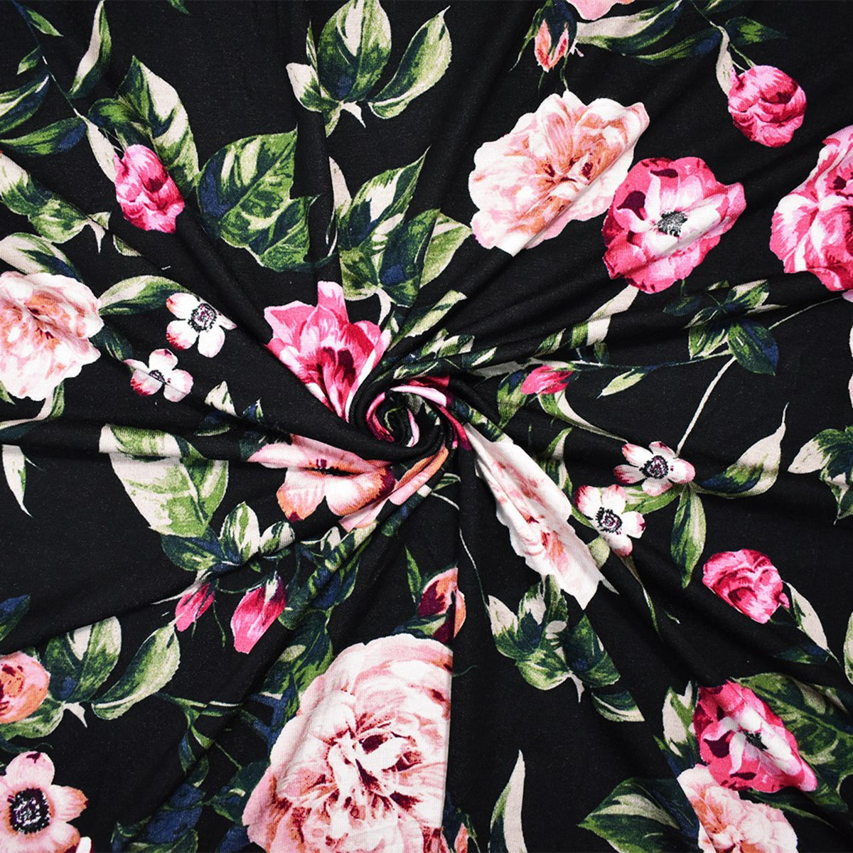 Black-Multi Rayon Stretch Spandex Floral Print Jersey Knit Fabric