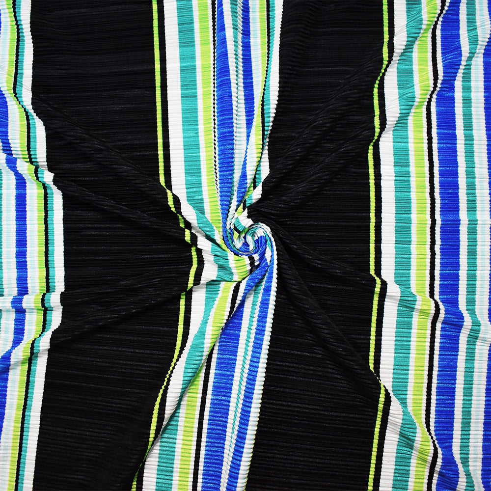 Black-Multi Poly Stretch Spandex Stripe Print Pleated Interlock Knit Fabric
