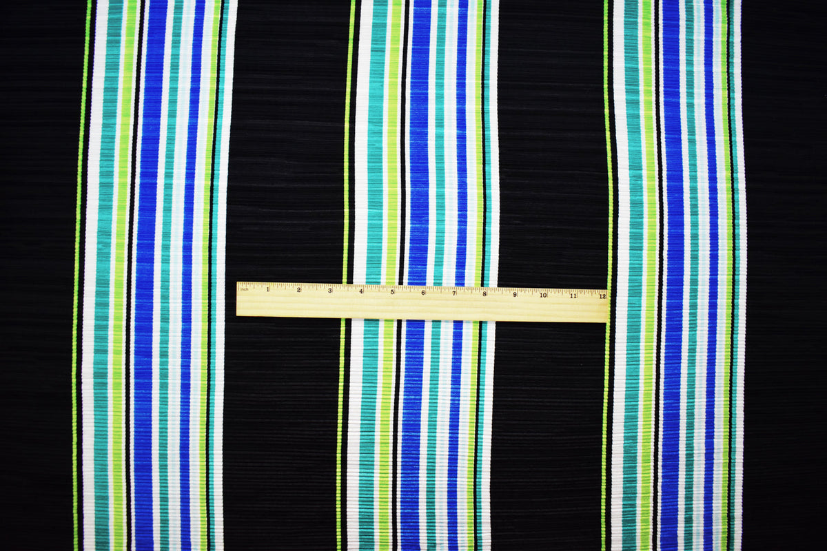 Black-Multi Poly Stretch Spandex Stripe Print Pleated Interlock Knit Fabric