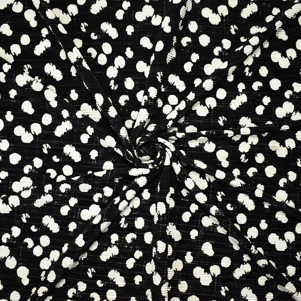 Black-White Poly Stretch Spandex Dot Print Pleated Interlock Knit Fabric