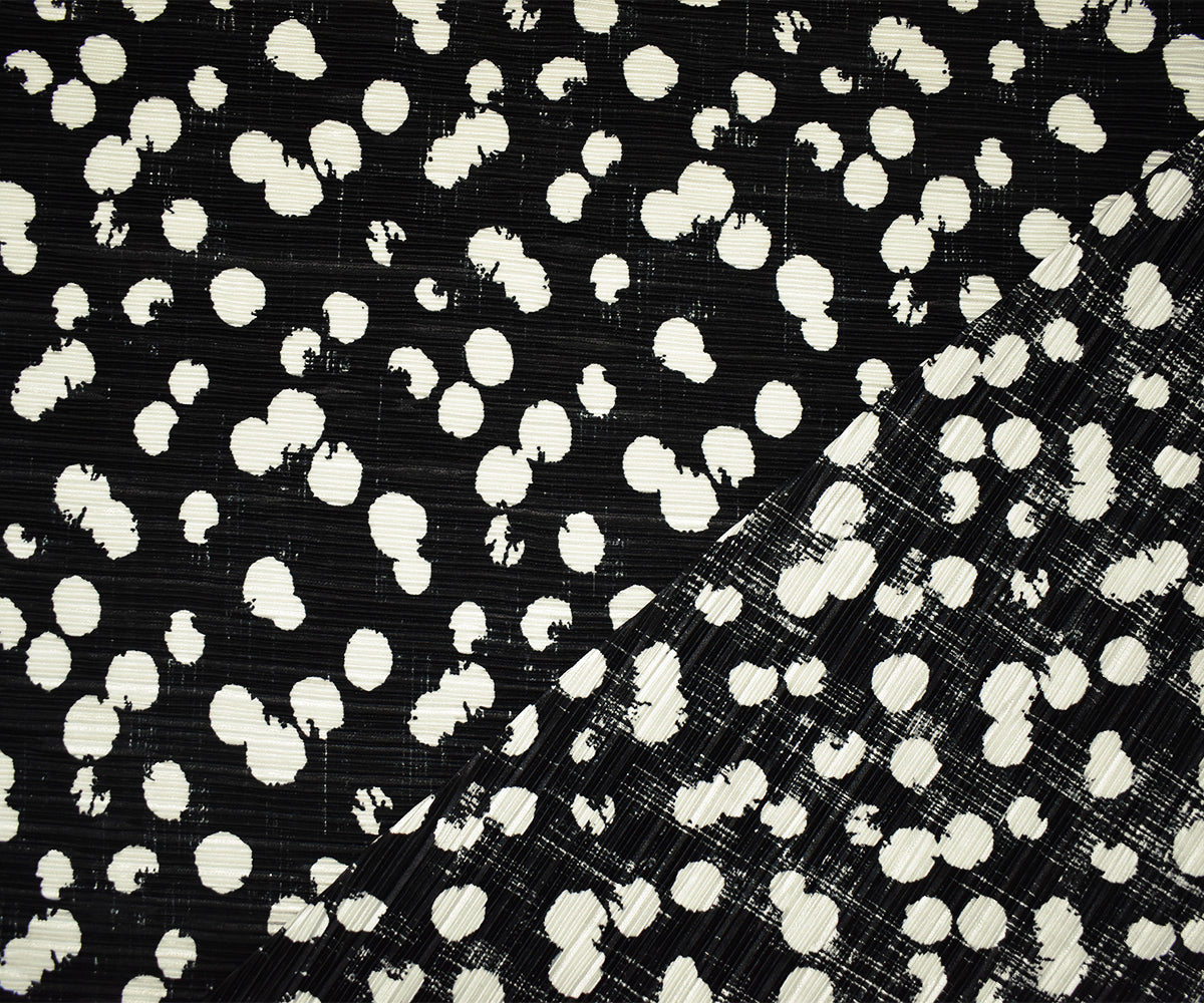 Black-White Poly Stretch Spandex Dot Print Pleated Interlock Knit Fabric