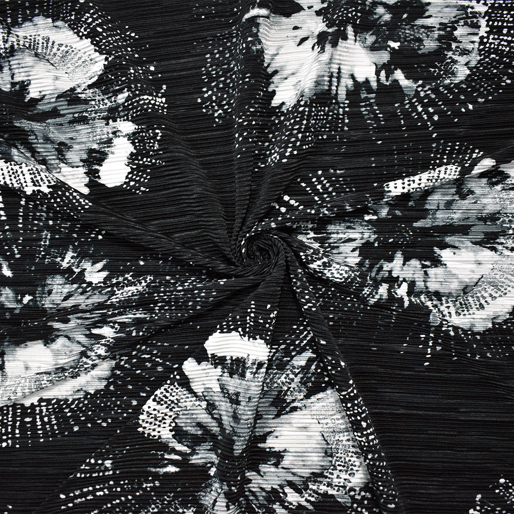 Black-Multi Poly Stretch Spandex Floral Print Pleated Interlock Knit Fabric