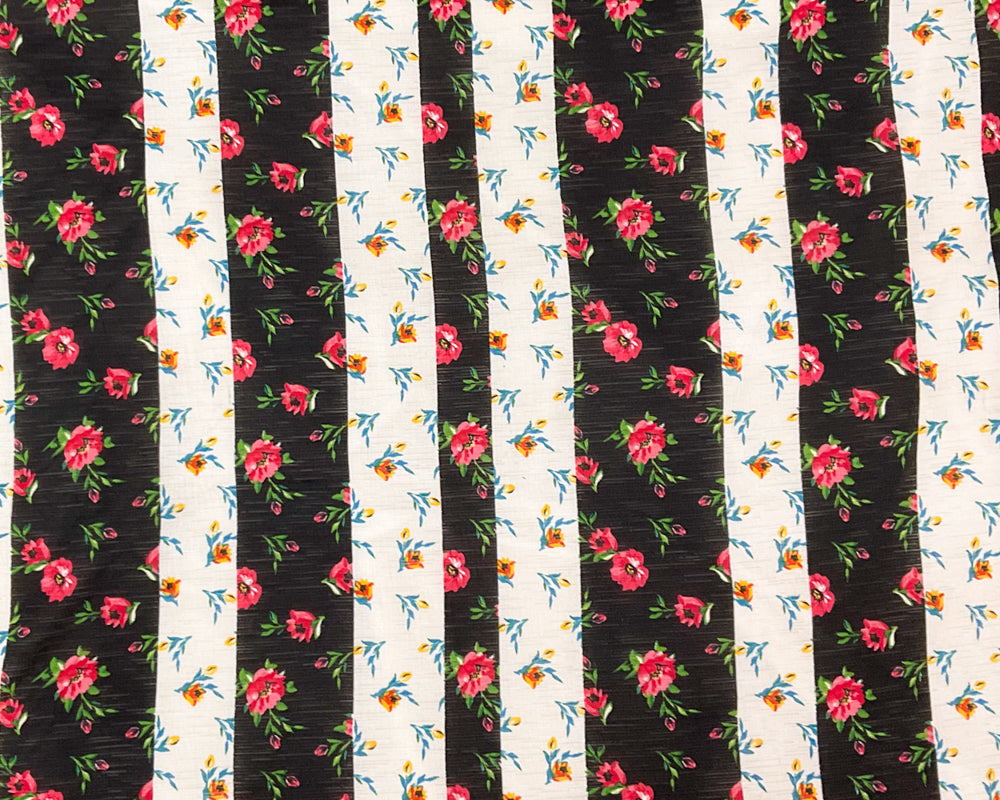 Black-Multi Poly Stretch Floral Print Slub Knit Fabric