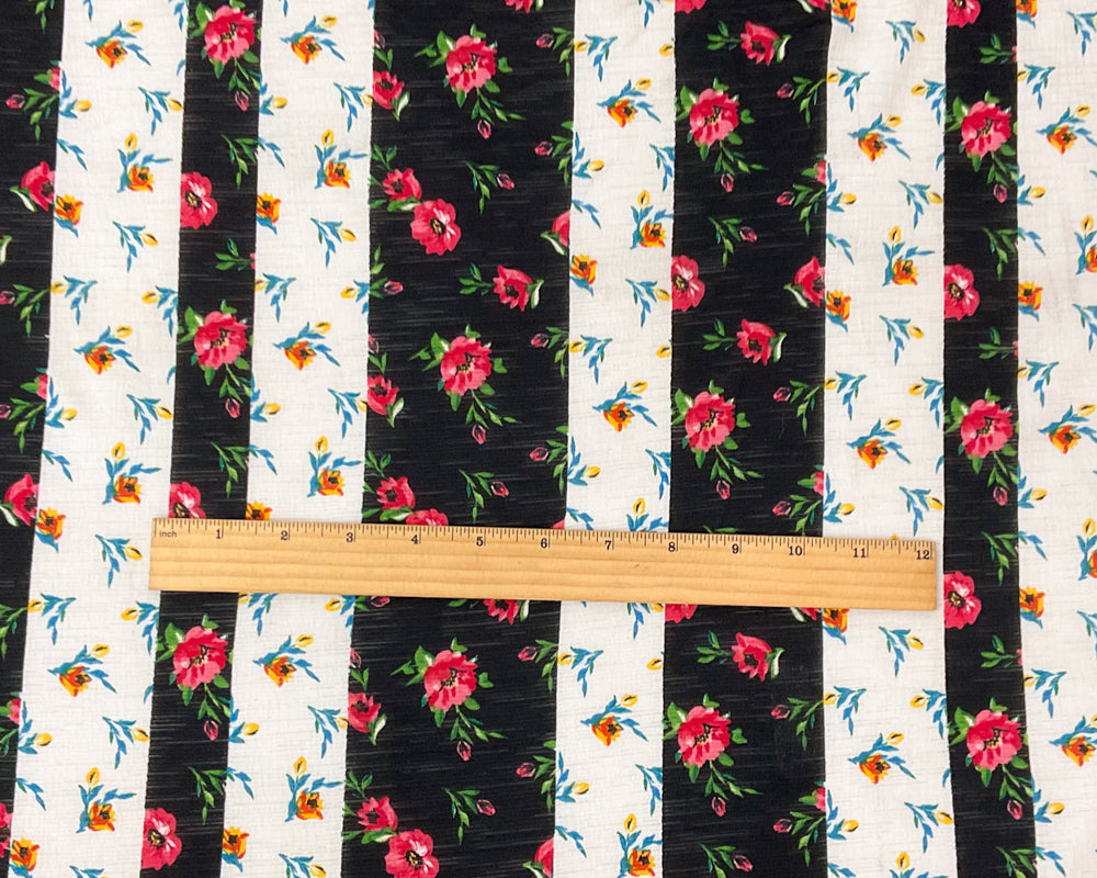 Black-Multi Poly Stretch Floral Print Slub Knit Fabric