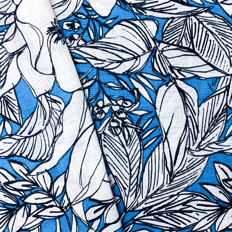 Blue-Navy-White Floral Printed Sugar Slub Jersey Knit Fabric