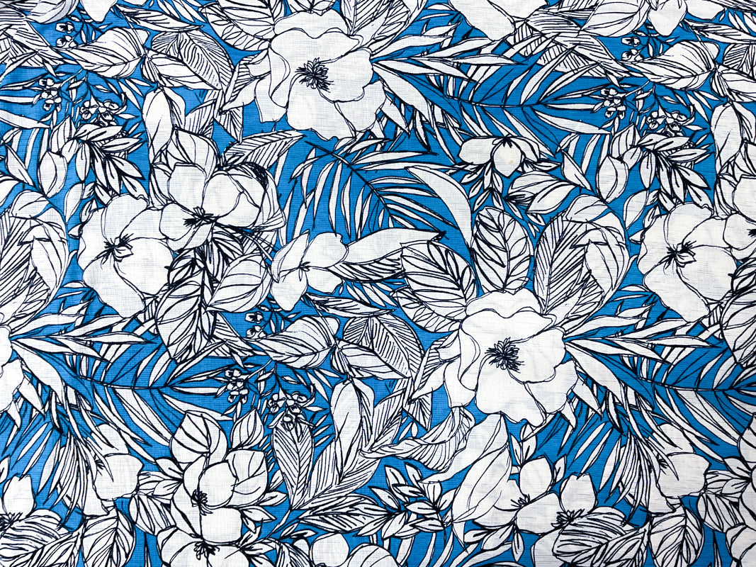 Blue-Navy-White Floral Printed Sugar Slub Jersey Knit Fabric