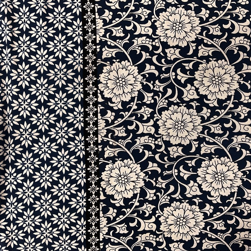 Navy-Beige-Black Poly Floral Border ITY Moss Crepe Knit Fabric