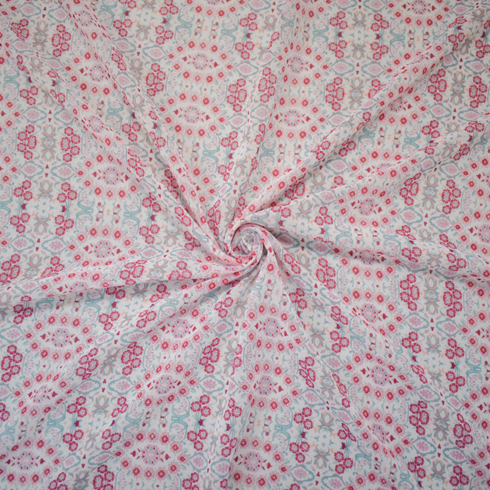 Pink-White-Multi Poly Floral Printed Chiffon Woven Fabric