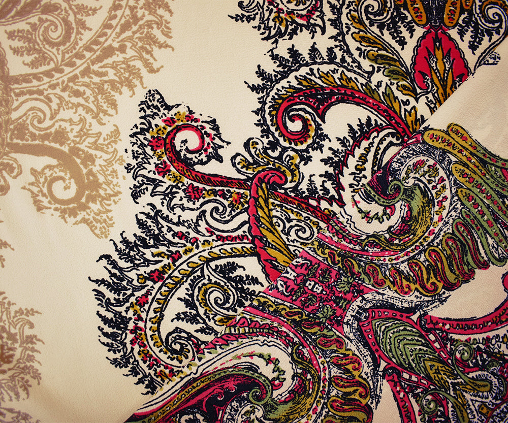 Beige-Red-Multi Poly Paisley Border Printed Pebble Crepe Woven Fabric