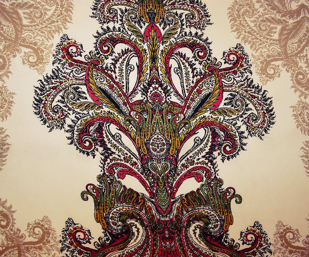 Beige-Red-Multi Poly Paisley Border Printed Pebble Crepe Woven Fabric