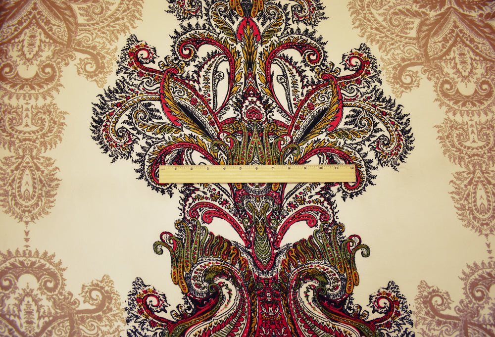 Beige-Red-Multi Poly Paisley Border Printed Pebble Crepe Woven Fabric
