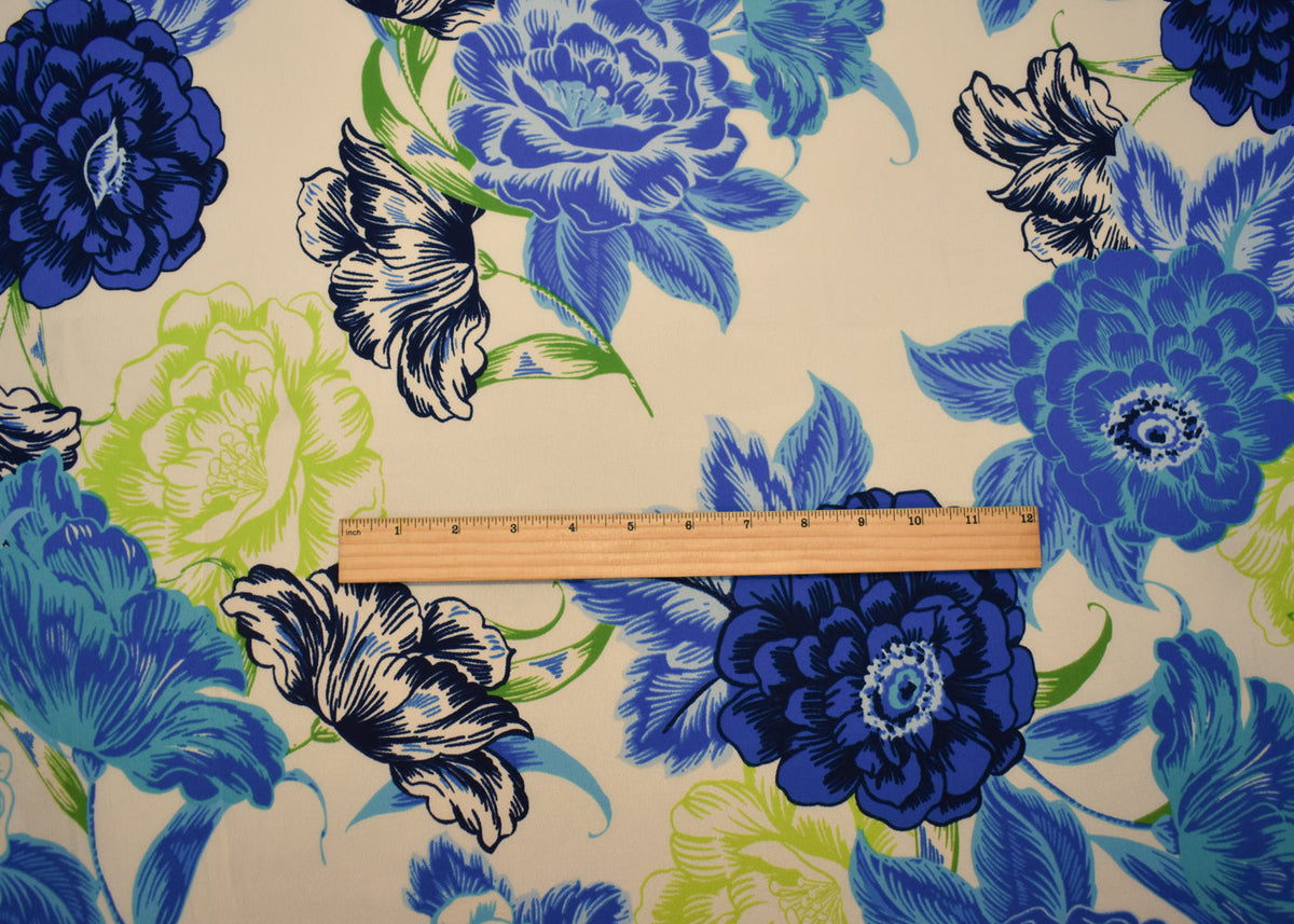 Ivory-Blue-Multi Poly Floral Print Pebble Crepe Woven Fabric