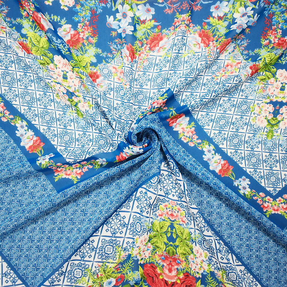 Teal Blue-Orange Multi Poly Floral Border Printed Chiffon Woven Fabric