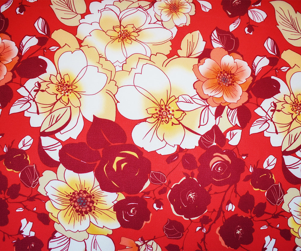 Red-Biege-Multi Poly Floral Printed Pebble Crepe Woven Fabric