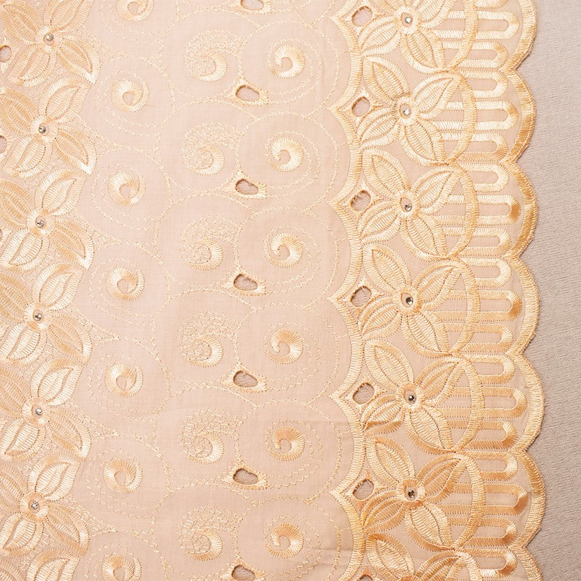 Beige Poly-Cotton Embroidered Floral Scallop Rhinestone Woven Fabric
